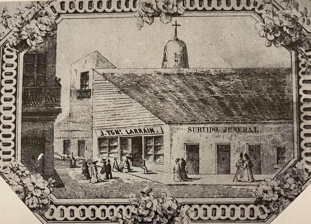 la tienda de Surtido General de Jose Ygnacio Larrain entregado a Juan Bautista Ugarte, con una imagen idealizada de su local y el Campanario de la Catedral