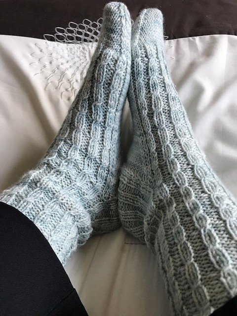 Jan finished her Curling Mist socks by Helen Stewart’s Curious Handmaid’s Secret Sock Society Season 4 using Lichen and Lace 80/20 sock yarn in the Beach Glass colourway.