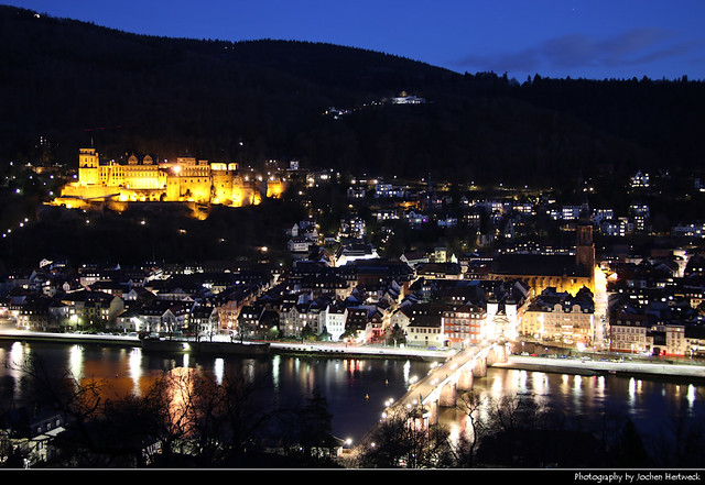 Old Town seen from Philosophenweg during Blue Hour, Heidelberg, Germany