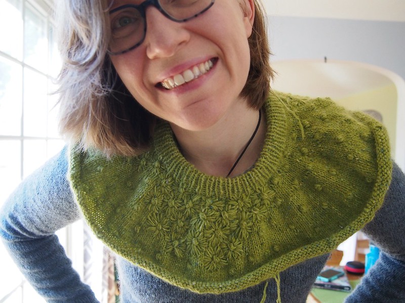 Embroidered yoke sweater in progress