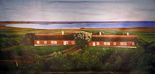painting of typical red-painted buildings in Varberg Fortress, Sweden