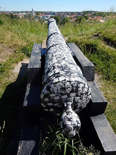 Cannon covered with stickers at the Varberg Fortress, Sweden