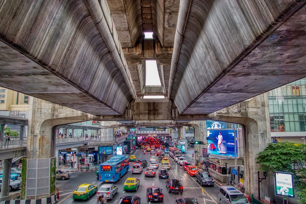 Traffic below the BTS Skytrain in Bangkok, Thailand