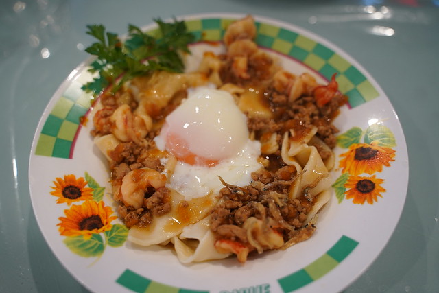 Julia's pan mee handmade noodles with minced pork, prawn, and sous vide egg