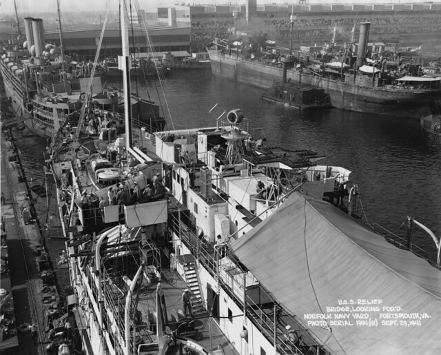 US Hospital Ship RELIEF (AH-1) At the Norfolk Navy Yard, Portsmouth, Virginia, while undergoing overhaul on 29 September 1941.