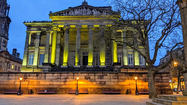 Preston's Harris Museum illuminated in yellow