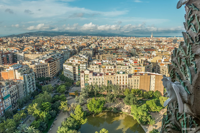 North-Easterly view of Barcelona from the towers of the amazing Sagrada Familia Cathedral designed by Antoni Gaudi.