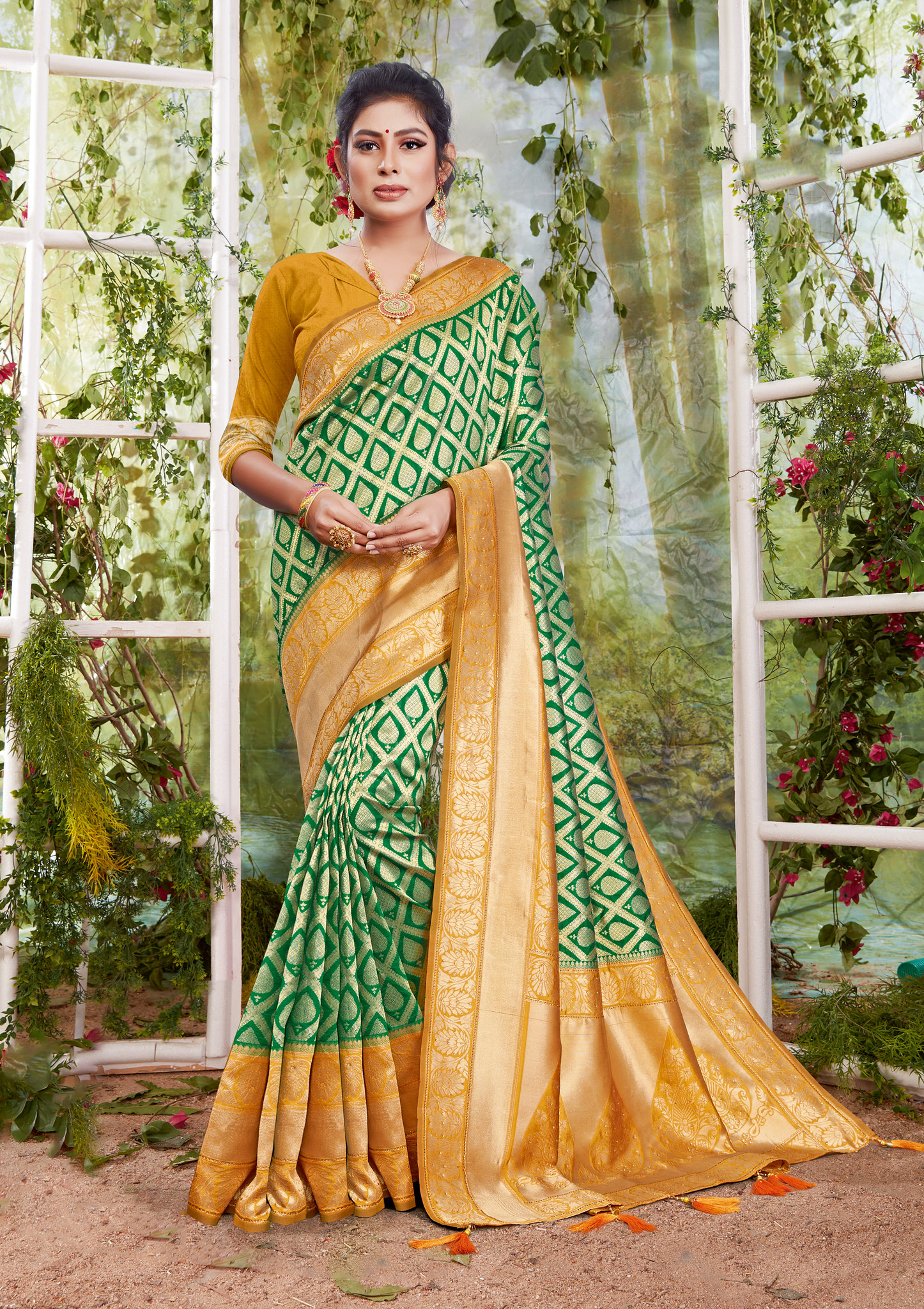 Leaf Green Silk Saree With Golden Border