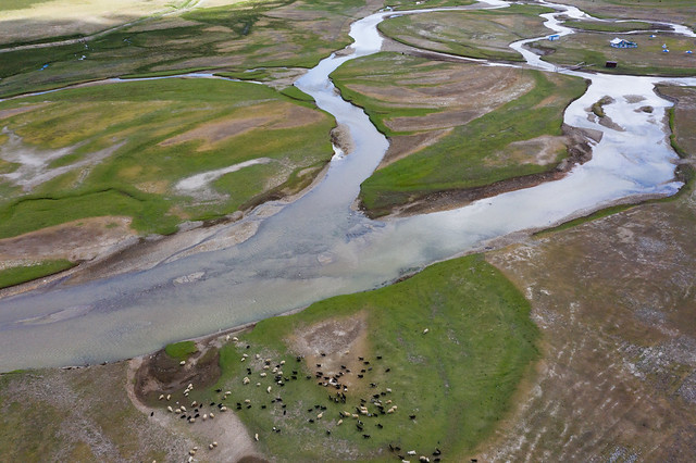 Aerial view of a glacial river in Iceland