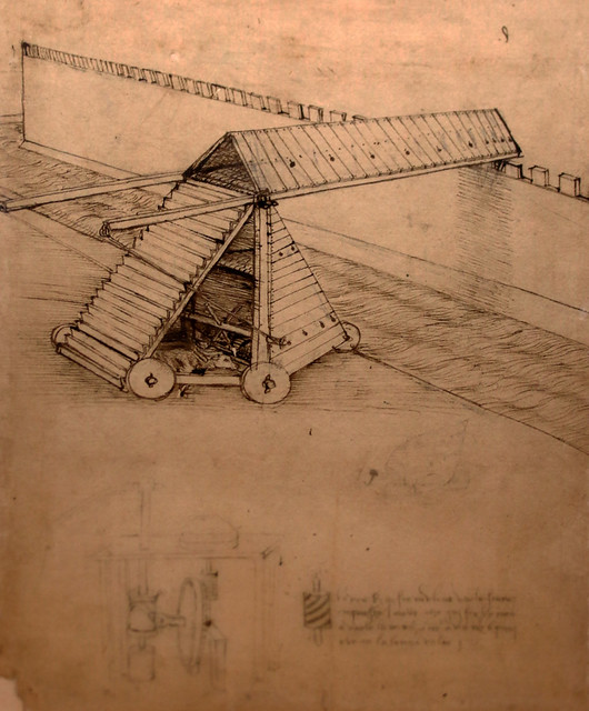 Leonardo da Vinci (1452-1519) macchina d'assalto (1479-80) matita nera, penna e inchiostro - Codice Atlantico - Biblioteca/Pinacoteca Ambrosiana Milano