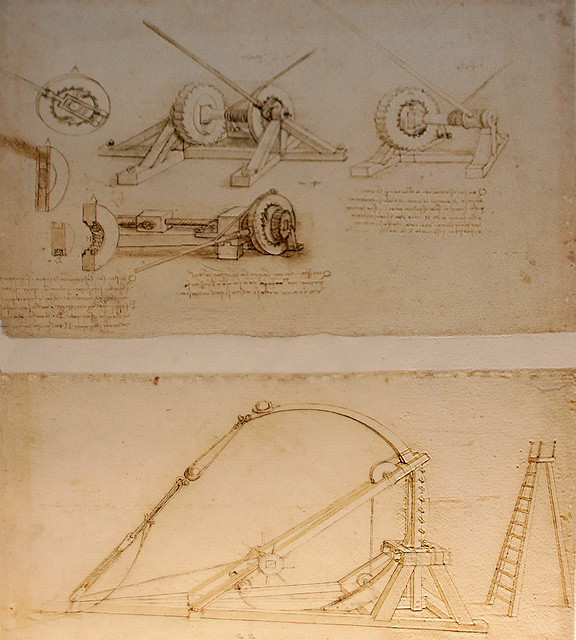 Leonardo da Vinci (1452-1519) Argani e doppia catapulta (1485-92) Acquerello, penna e inchiostro - Codice Atlantico - Biblioteca/Pinacoteca Ambrosiana Milano