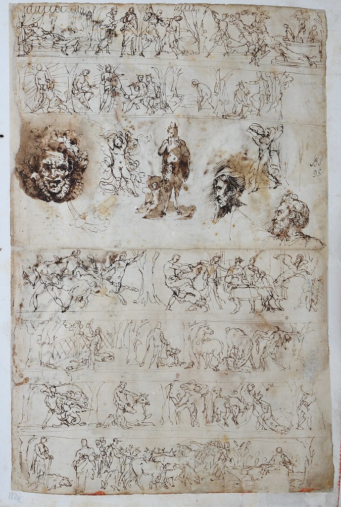 Codice Resta - Copia dal fregio di Peruzzi e studi di mascherone, putti e teste maschili