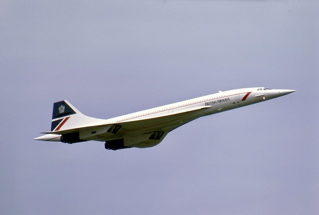 G-BOAG Concorde 214 in the British Airways 'Landor' livery on a fast fly-by at Fairford International Air Tattoo 1985