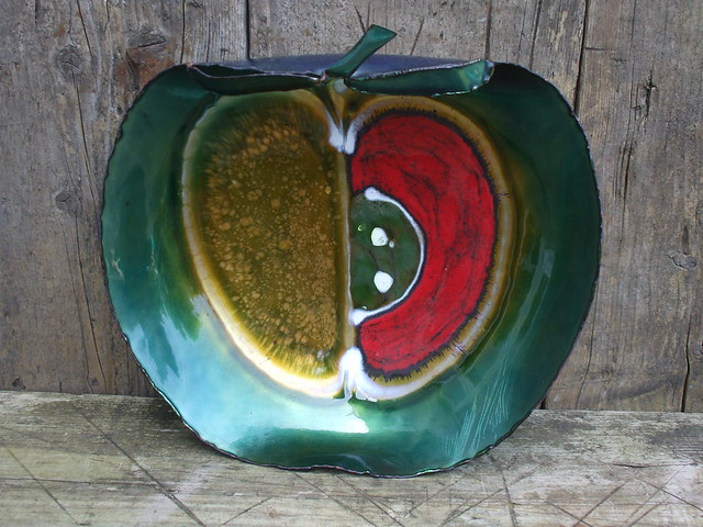 Large Colourful Green & Red Enamel Apple Shaped Bowl  Mid Century Modern