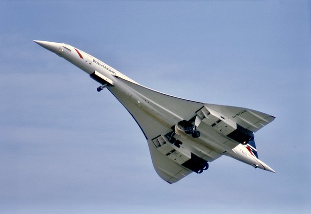 G-BOAG Concorde 214 in the British Airways 'Landor' livery takes off for a display at Fairford International Air Tattoo 1985