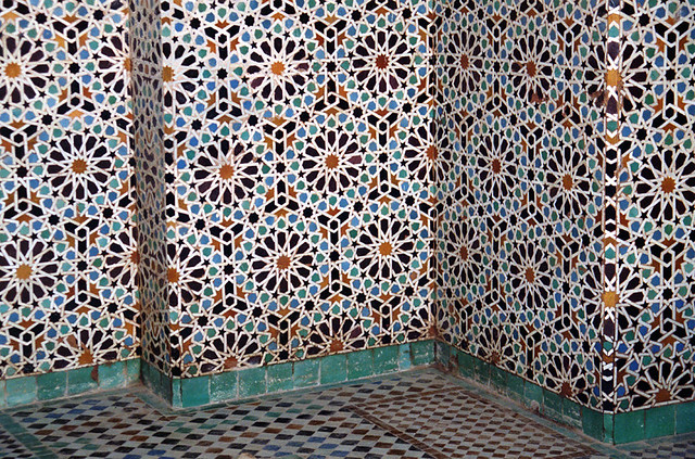 Islamic geometric tiles on a wall in Marrekesh, Morocco