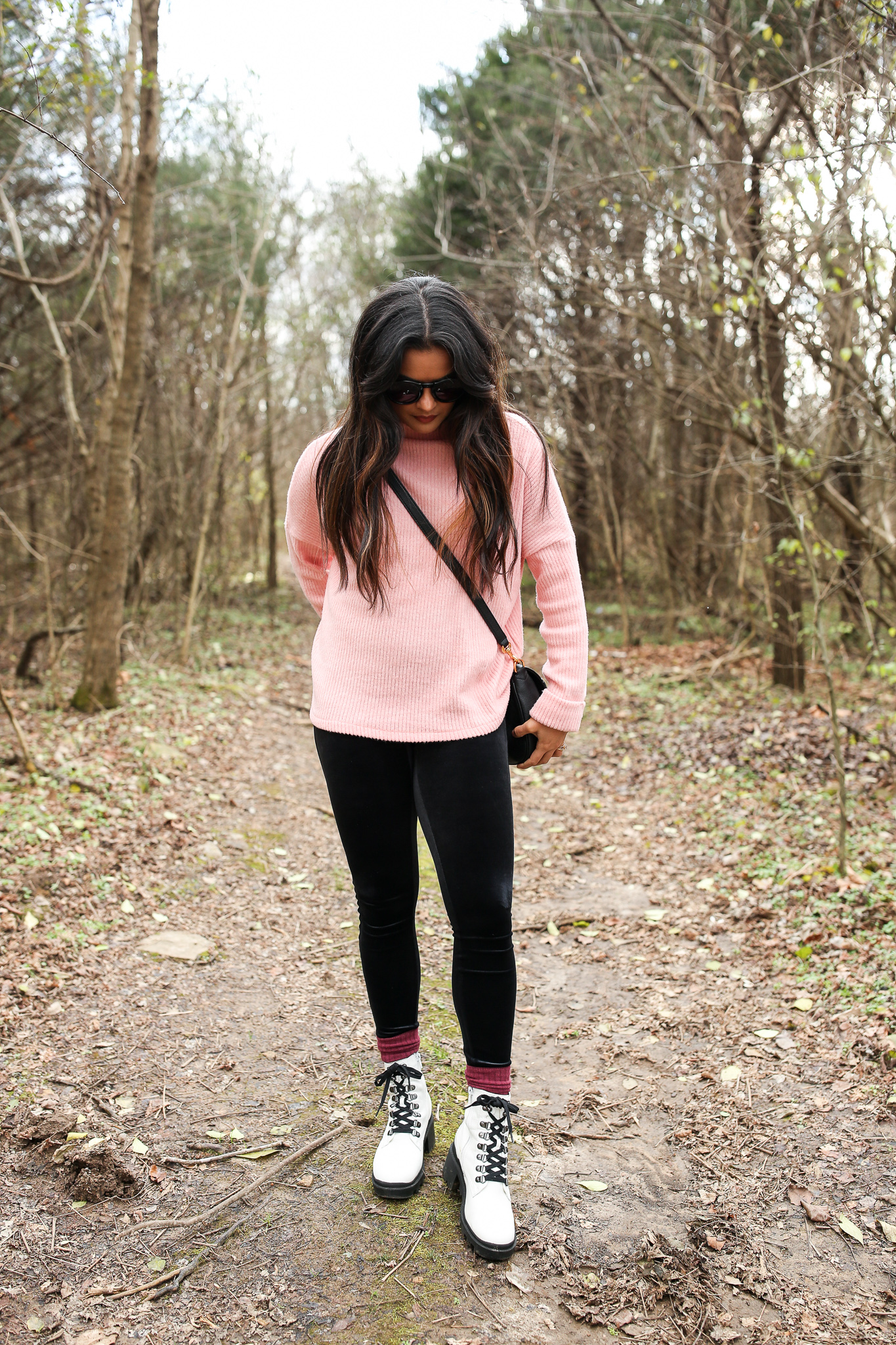 Priya the Blog, Nashville fashion blog, Nashville fashion blogger, Winter outfit, Winter style, how to style a pink sweater, how to style white combat boots, white combat boots, Spanx velvet leggings, how to style Spanx velvet leggings, velvet leggings outfit, personal style uniforms