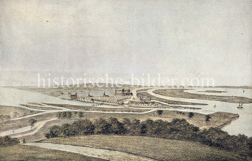 X8911 Historische Ansicht von Hamburg um 1150 - Blick auf die befestigte Stadt an der Alster / Bille / Elbe.