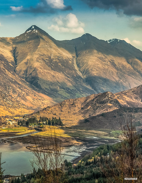 Where Glen Shiel and the River Shiel meets the fjord, Loch Duich, beneath three of the 