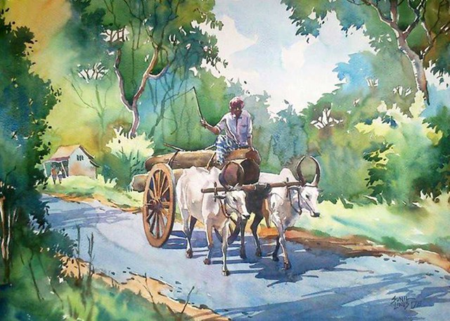 Watercolor Painting Bullock Cart