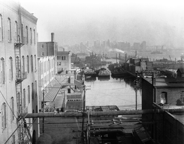 The Morris Canal (Little Basin of 1828) from the American Sugar Company refinery roof looking east to the Hudson River and the Lower Manhattan Skyline in New York. Jersey City. 1903