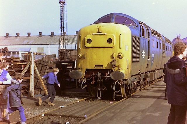 The last days of former Gateshead favourite, Deltic 55005 THE PRINCE OF WALES'S OWN REGIMENT OF YORKSHIRE,  DoncasterThe 'Deltic' Open Day at Doncaster Works, 27 February 1982