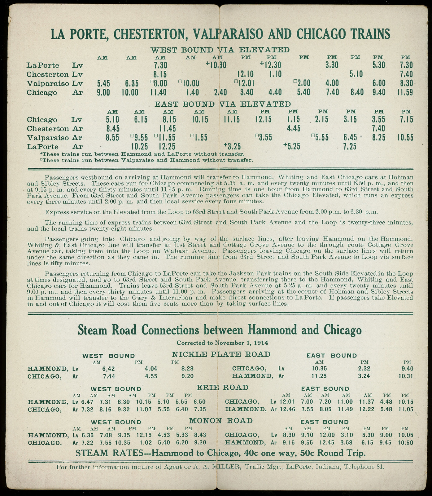 Gary and Interurban Electric Railroad Timetable, November 1914