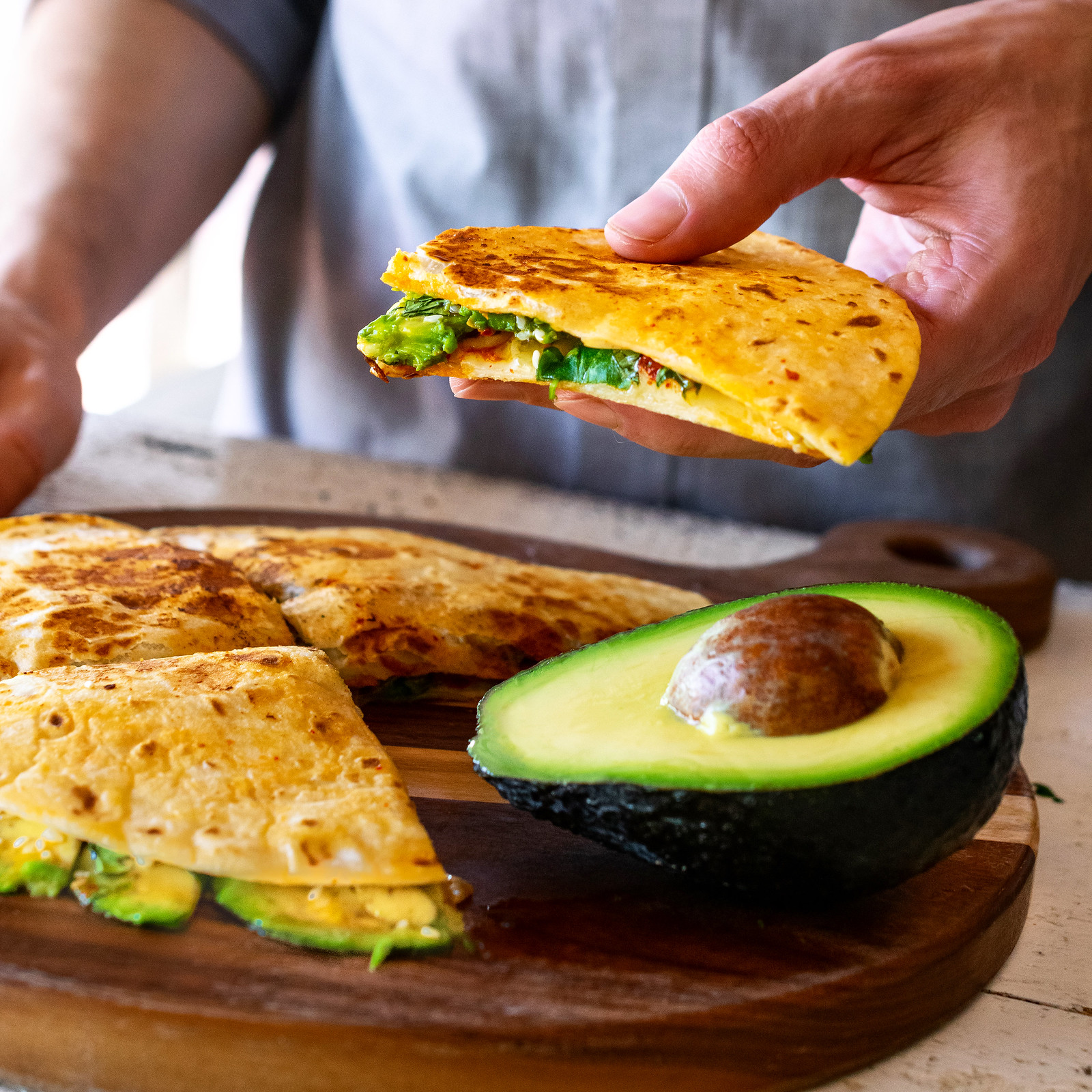 kimchi quesadillas with swiss cheese and avocado
