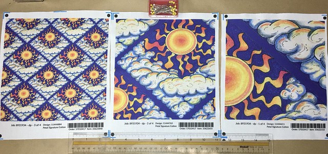 “Sun and clouds sky”, 8x8 inch fabric swatches in three different scales. Created for a wallpaper design contest.  Hand drawn by me with pens and pastel pencils.