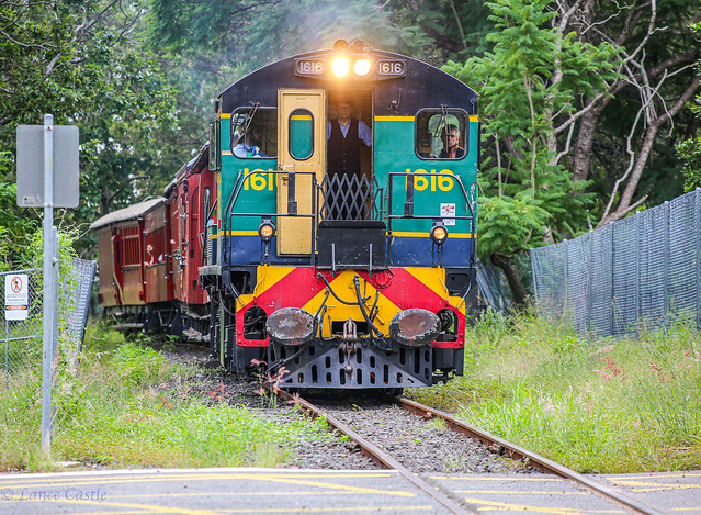 Queensland Pioneer Steam Railway diesel. Sunday 11th of April 2021,  QPSR ex Queensland Rail DE1616 crossing Mary Street Blackstone. Ipswich Qld.