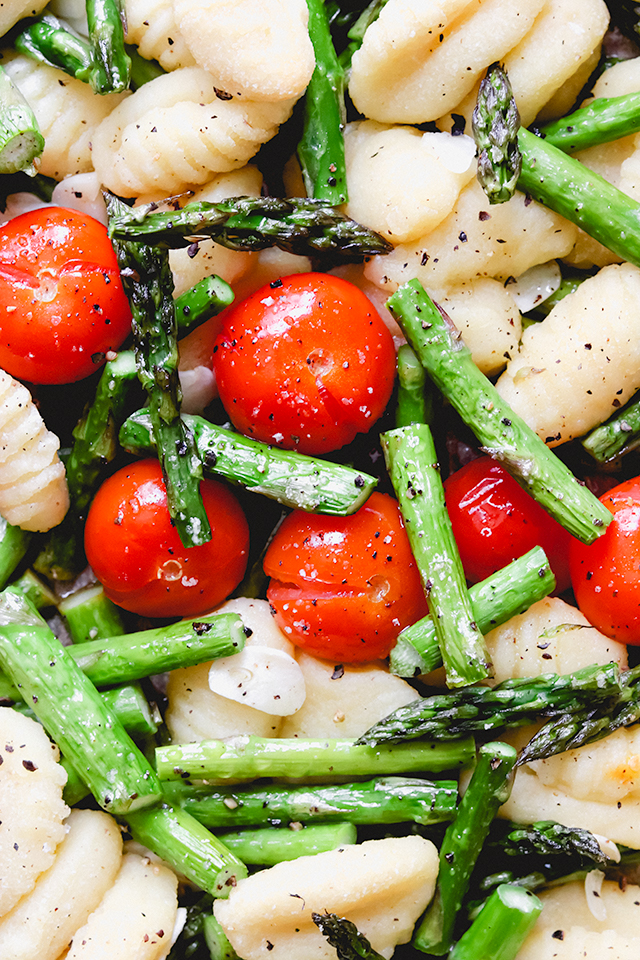 Crispy Sheet Pan Gnocchi with Spring Vegetables and Pea Pesto