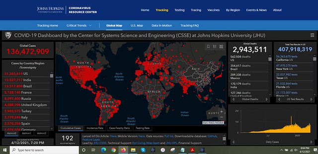 Coronavirus Global Map from JHU, 12 Apr 2021
