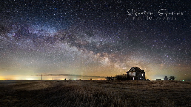 Milkyway Pano with an old Abandoned House in Southern Manitoba