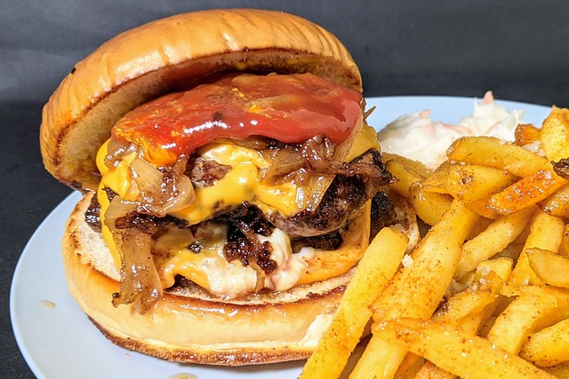 100% Wagyu beef patties, brioche buns, smoked streaky bacon, burger cheese, Ketchup and American style mustard, fairground onions,  skin on fries seasoned with Solita spice blend