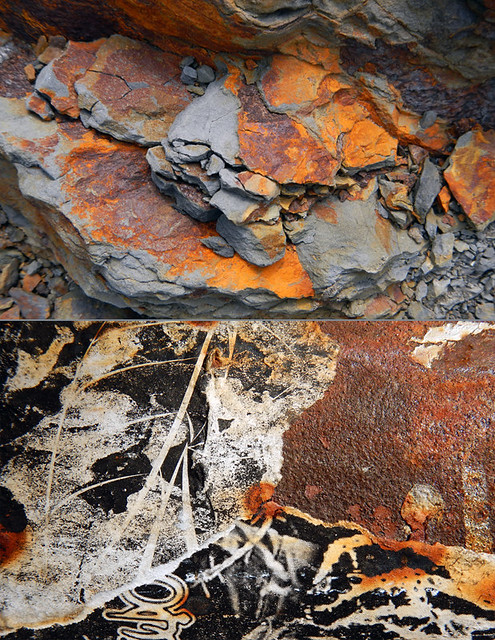 Abstract diptych of rusty shale rock with a collection of black and white ripped posters on a lamppost
