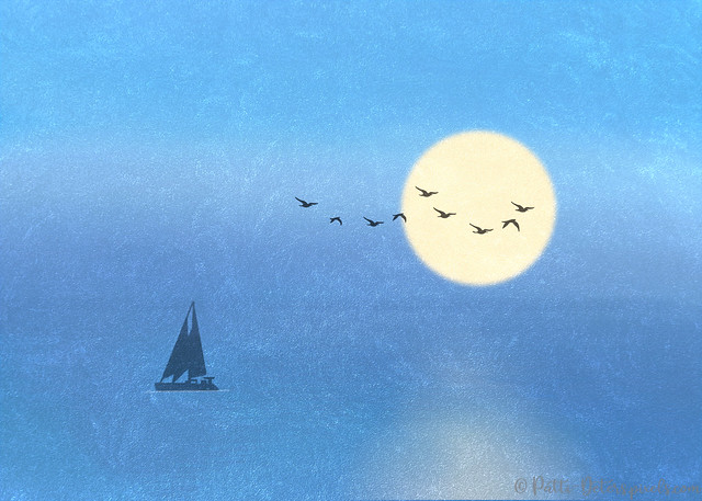 Catamaran Sailing Under a Full Moon on Blue Texture