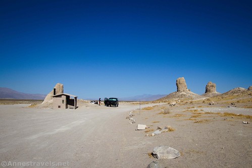 Our van and the restroom beside the Trona Pinnacles National Natural Landmark, California