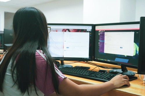 Employee working on a computer with two screens, her back turned to the camera. - 10 Government Jobs That Don’t Require a 4-Year Degree
