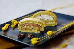 choco-pecan stuffed Matcha cake-roll