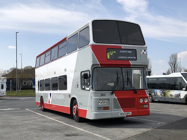 An unexpected sighting at Wetherby Services on 17/04/2021.   Now preserved B693BPU Leyland Olympian ONTL11/2R Sp with a ECW Coach body, painted in Northumbria livery with fleet number 369 - it never actually served with Northumbria.