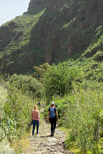 Dos senderistas recorren parte del Camino de las Bestias en el Barranco de Guayadeque