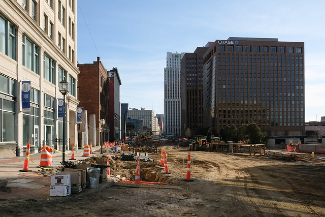 A downtown Akron Main Street streetscape: The street has been torn up like this for several years!