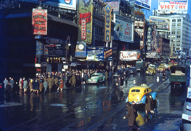 I decided to set the Time Machine's controls back to 1944 and check out how Broadway looked. So many dance halls, movie theaters, and even a film called Winged Victory. Love all the old taxi cabs and the way people dressed. New York.
