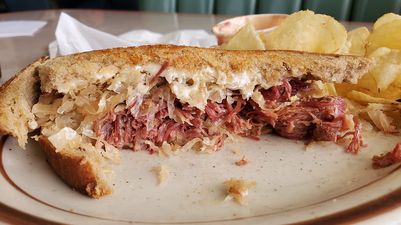Detail of the corned beef brisket inside the Reuben sandwich at the Jubilee Cafe in Edwards, Illinois.