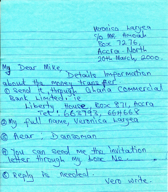 IMG_0034 MGS Memorabilia Letters and Writings: Letter from Veronica Laryea Accra Ghana to MGS Havercourt London 20th March 2000