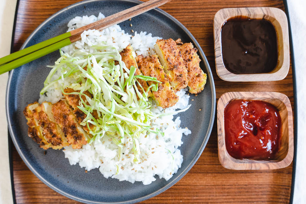 An Overhead Shot of Rice, Tofu Katsu, Cabbage, Tonkatsu Sauce, and Ketchup! 