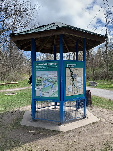 Information board about stewardship of the Valley and the Bowmanville creek Valley map are located at the Bowmanville Valley trail in the Bowmanville Valley concervation area , Martin’s photographs , Bowmanville , Ontario , Canada , April 25. 2021