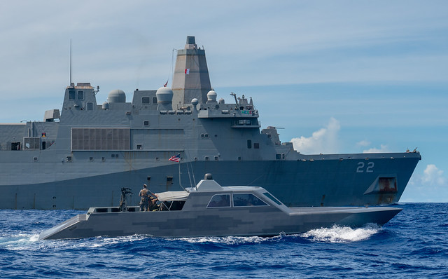 Naval Special Warfare combatant craft conduct maritime interoperability training USS San Diego (LPD 22).