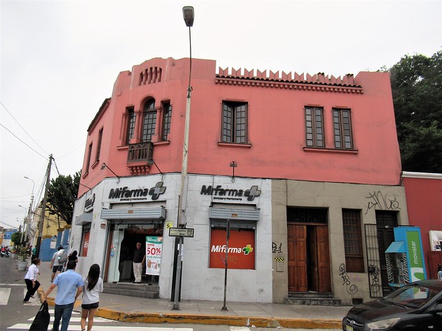 Mifarma, salmon pink building, Jirón Domeyer, Barranco, Lima, Peru