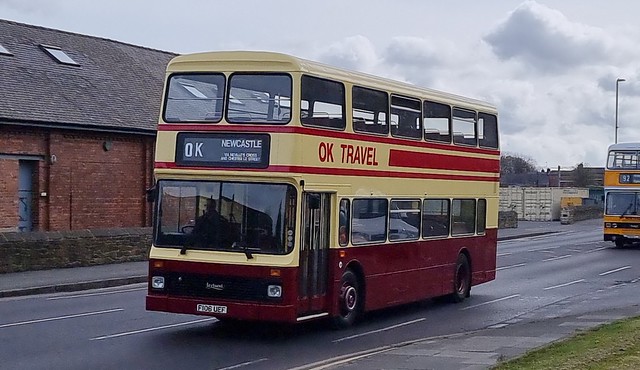Preserved Leyland Olympian OK Travel F106 UEF seen here on Sunderland Road during a drive it day